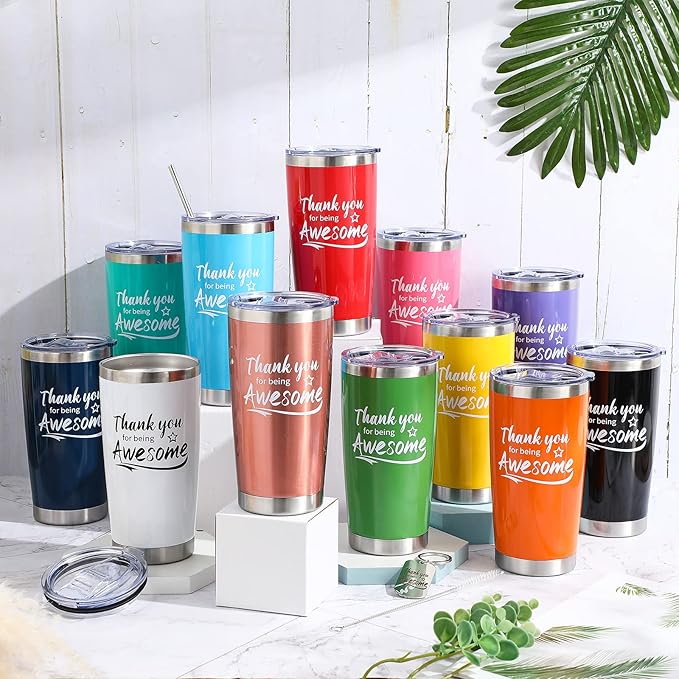 Sieral 24 Pieces Thank You for Being Awesome Tumbler, Thank You Supplies for Women Men 20oz Insulated Stainless Steel Travel Tumbler with Lid and Straw Appreciation Gift with Keychain (Multicolor)