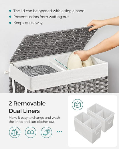 SONGMICS 130L Clothes Hamper with Lid, 2 Removable Liner Bags, 6 Mesh Bags, Wicker, Double Laundry Basket for Bathroom, 13 x 26 x 23.6 Inches, Gray ULCB253G01