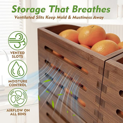 Potato and Onion Storage Bin for Pantry and Kitchen, Ventilated Stackable Bamboo Storage Bins with Handles - Multipurpose Organizers, Produce Containers for Bread, Vegetable, Fruit (Walnut, 3 Pack)