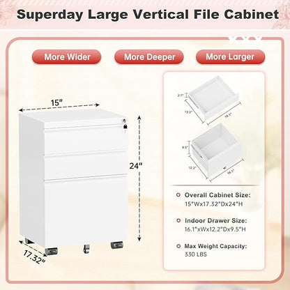 Superday White 3 Drawer Mobile Locking File Cabinet, Metal Rolling Vertical Filing Cabinet with Drawers, Small Under Desk File Cabinets for Office and Home, Fully Assemble