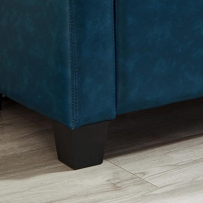 Furniliving Storage Bench, 48‘’ Upholstered PU Leather Ottoman Bench with Button-Tufted, Folding Bedroom Bench with Wood Legs, Entryway Bench for Bedroom, Navy Blue