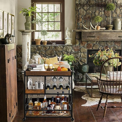 Bar Cart Industrial Mobile Kitchen Serving Carts for Home 3 Tier Storage Trolley with Wine Rack Glasses Holder Two Portable Trays Universal Casters with Brakes Rustic Rolling Cart for Indoor Outdoor