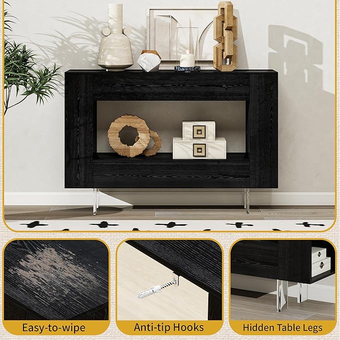 47" Narrow Console Table with Hidden Side Storage Cabinets, Adjustable Shelves, Modern Black Entryway Sofa Table for Behind The Couch, Living Room, Hallway, Black