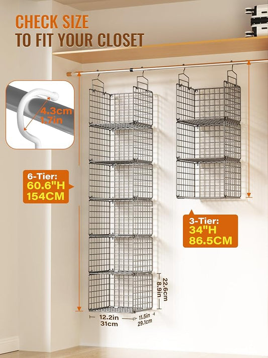 6 Tier Closet Hanging Organizer, Metal Closet Organizers and Storage with 4 Hanging Hooks 4 S-Hooks for Wardrobe Laundry Room, Wire Storage Shelf for Clothes Sweaters Pants (Black)