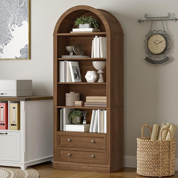 Farmhouse Arched Bookshelf, 7 Tiers Arch Bookcase with 2 Spacious Drawers, Modern Book Shelf with Open Display Shelves and Storage Cabinet, for Office, Living Room, Kitchen, Walnut