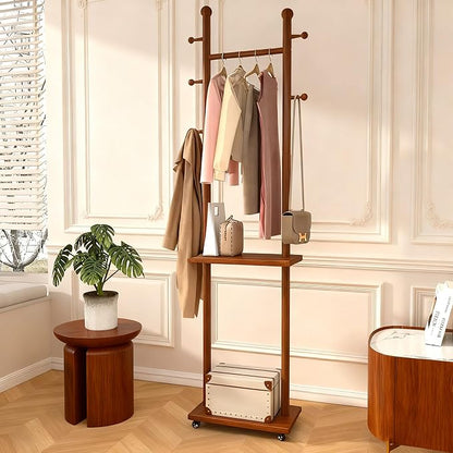 Coat Rack Freestanding Solid Wood Clothing Rack with Wheels & 2 Storage Shelves & 5 Hooks,Rotary Heavy Duty Wood Coat Tree Stand Hat Hanger Rack for Entryway Bedroom Living Room Corner(Walnut)