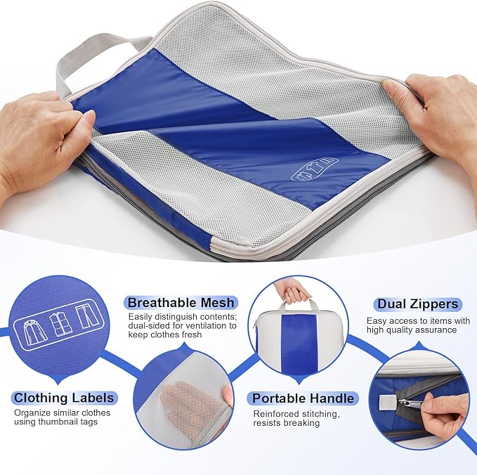 10 Set Compression Packing Cubes for Travel Essentials,Compressible Expandable Packing Cubes for Suitcase,OlarHike Luggage Garment Bags for Travel,Handy Helper for Organizing Clothes(Klein Blue)
