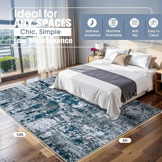 8x10 Area Rugs for Living Room Rug Washable: Abstract Large Rug for Dining Room Bedroom Carpet Non Slip 8 by 10 Indoor Modern Nursery Home Office Navy Grey