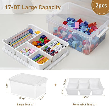 Citylife 17 QT Storage Box with Building Baseplate Lid and Removable Tray Office Organization Kitchen Organization Toy Storage Bead, Tool, Sewing, 2 Packs