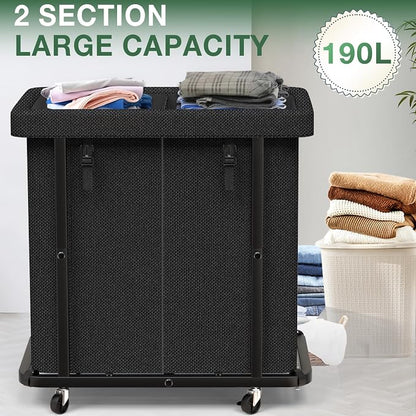 50 Gal(190L) Laundry Basket with Lid, Rolling Laundry Hamper with Wheels, Dirty Clothes Hamper with Metal Frame and Removable Bag Design, Suitable for Laundry Room, Bedroom(Black, 2 Section 190L)