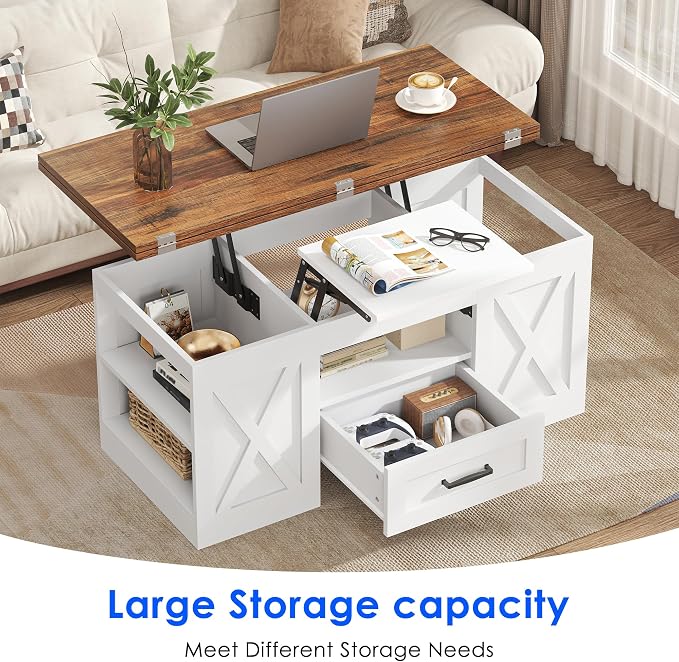 kepptory 39.4'' Lift Top Coffee Table with Storage, 4 in 1 Multi-Function Convertible Coffee Tables for Living Room, Farmhouse Coffee Table with Open Storage Compartment & Drawers (Brown&White)