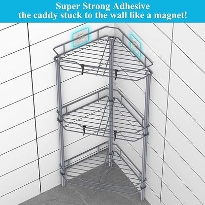3 Tier Floor Standing Corner Shower Caddy Organizer Shelf with Hooks, Bathroom Shelves Stand Rack, Dark Gray