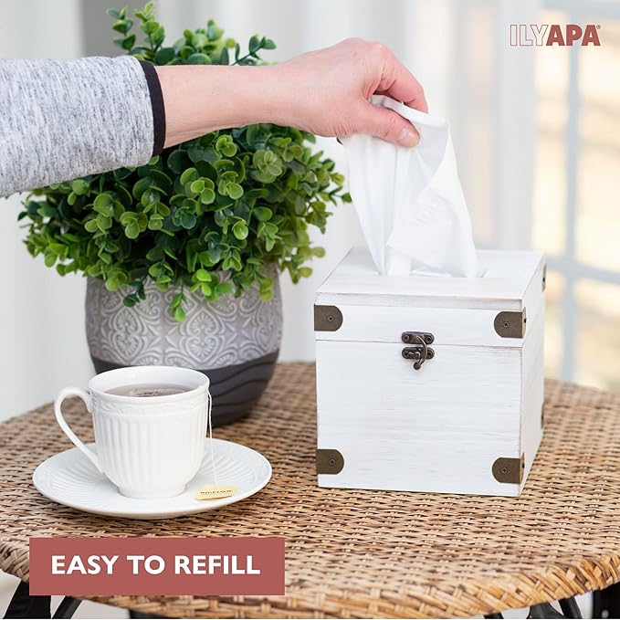 Ilyapa 5 x 6 Rustic Tissue Box Holder - Hinged Lid Tissue Dispenser for Bathroom Living Room Bedroom - White Weathered Wood
