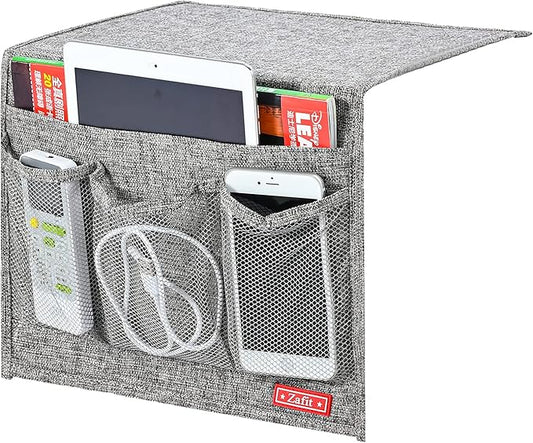 Zafit Linen 4 Pockets Bedside Caddy, Bedside Storage Organizer for Magazine, Remotes, Phone (Classic Grey)