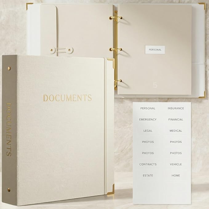 Important Document Organizer Set with Folders - Complete Linen Ring Binder Set Safely Stores All Documents & Files in One Place - Easy to Use Expanding Storage Incl. Envelopes, Pockets & Labels