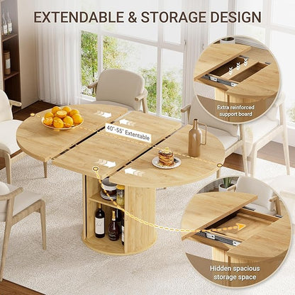 40-55in Extendable Round Dining Table for 4–6, Modern Oval Dining Table, Multi-Use Kitchen Table with Removable Leaves Space Saving, Dinner Table for Dining Room,Apartments or Meeting Rooms