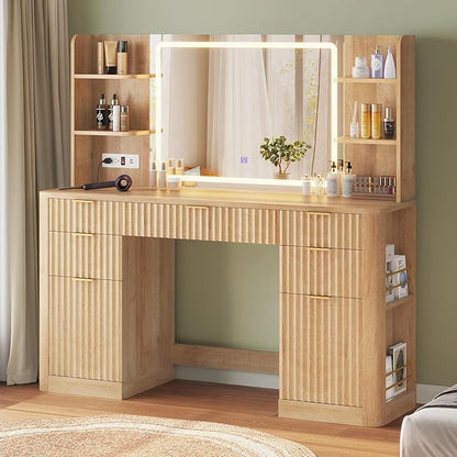 51.2" Fluted Makeup Vanity Desk with Large 30.3" Mirror and Lights, 5 Drawer Vanity with Power Strip, 6 Open Shelves, 2 Cabinet，Modern Dressing Table with Solid Wood Legs for Bedroom, Oak