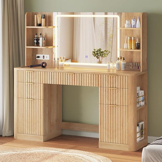 51.2" Fluted Makeup Vanity Desk with Large 30.3" Mirror and Lights, 5 Drawer Vanity with Power Strip, 6 Open Shelves, 2 Cabinet，Modern Dressing Table with Solid Wood Legs for Bedroom, Oak