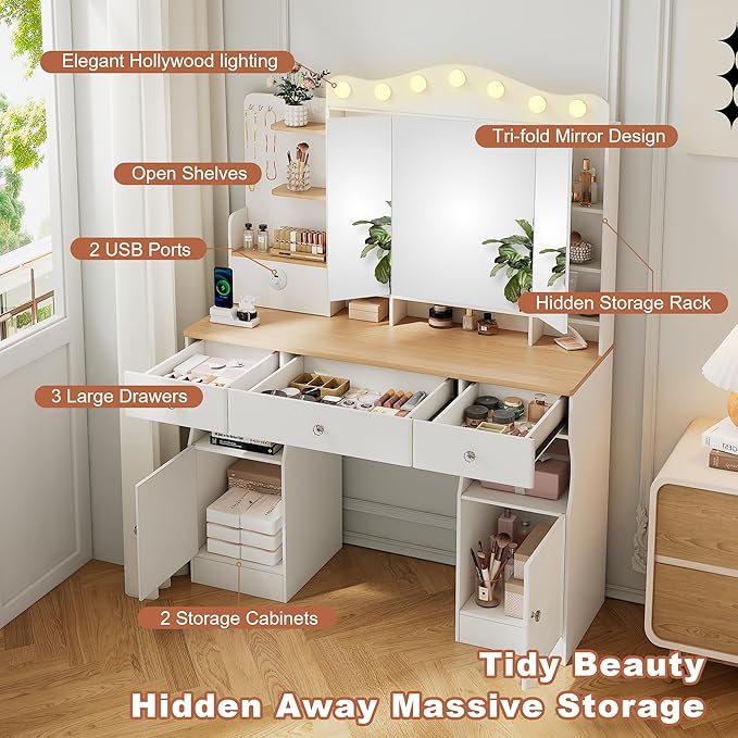 43" Large Vanity Desk with Mirror and Lights, Tri-Fold Mirror Makeup Vanity Table with LED Bulbs, Hidden Storage Drawers & USB Ports, Natural Wood and White Design, Modern Farmhouse Vanity for Bedroom