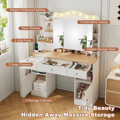43" Large Vanity Desk with Mirror and Lights, Tri-Fold Mirror Makeup Vanity Table with LED Bulbs, Hidden Storage Drawers & USB Ports, Natural Wood and White Design, Modern Farmhouse Vanity for Bedroom