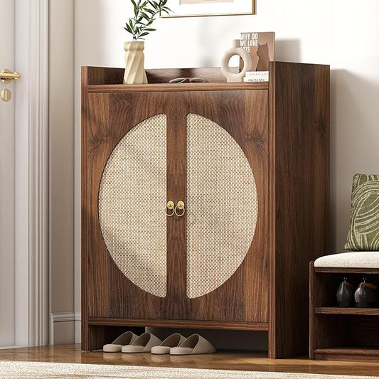 Shoe Cabinet Storage for Entryway - Rattan Entry Way Shoe Storage Cabinet with Adjustable Shelves, Wood Shoe Organizer Cabinet, Accent Cabinet with Doors for Entrance Hallway Living Room Foyer