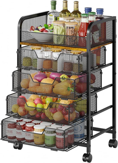 5-Tier Rolling Kitchen Cart with Drawers - Kitchen Storage Cart on Wheels,Pantry Snack Cart,Fruit and Vegetable Storage Cart with Wood Top,Rolling Utility Cart for Potato and Onion Storage