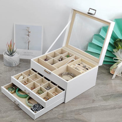 BOOVO Clear Lid Jewelry Box,3 Layers Jewelry Organizer Large Multi-Functional Jewelry Storage Box with 2 Drawers,Jewelry Display Case of Rings Earrings Necklace Bracelets for Women Girls (White)