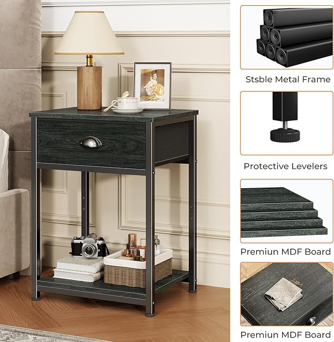 Furologee Nightstand with Fabric Drawer & Storage Shelf, Small Side Table for Small Space, 2 Tiers Industrial End Table for Living Room, Bedroom, Black Oak