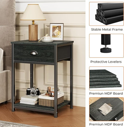 Furologee Nightstand with Fabric Drawer & Storage Shelf, Small Side Table for Small Space, 2 Tiers Industrial End Table for Living Room, Bedroom, Black Oak