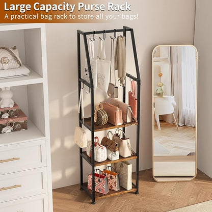 3-Tier Purse Rack Stand with 8 Hooks - Tall Narrow Purse Organizer for Entryway/Closet Organization, Bag Organizer for Various Bags (Rustic Brown)
