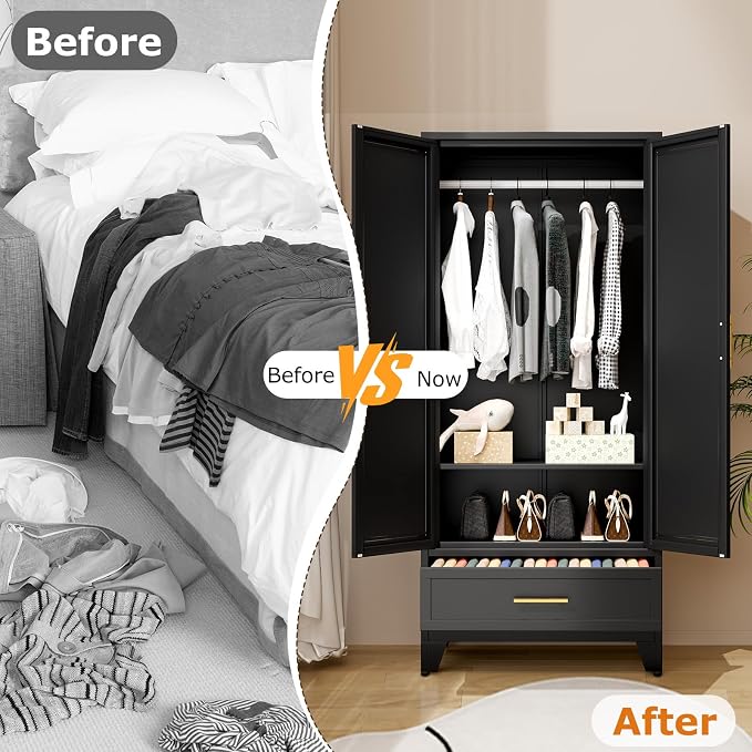 Metal Wardrobe Storage Cabinet with Mirror and Hanging Rod,71'' Metal Clothing Cabinet with 2 Doors and Drawer for Bedroom, Laundry Room, Cloak Room (Black)
