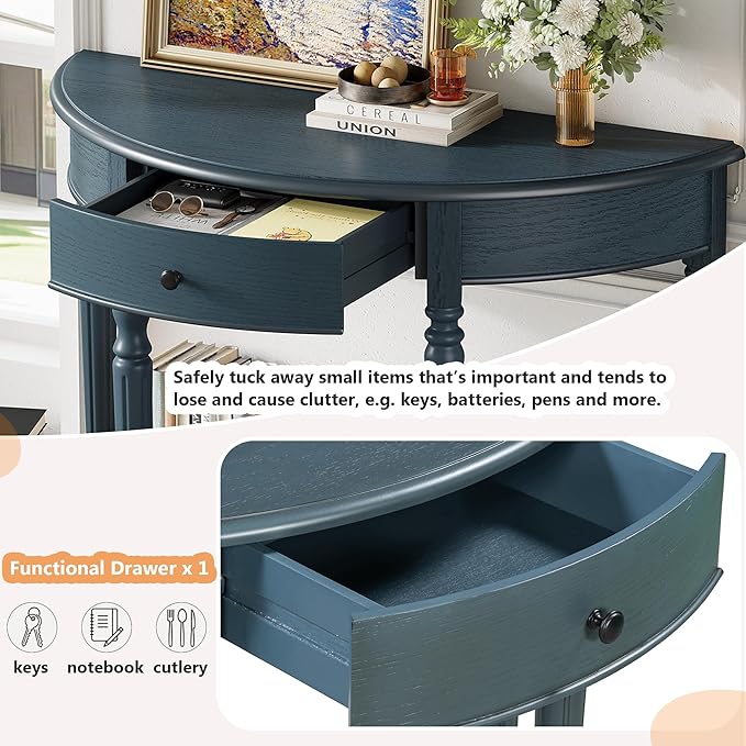 Amposei Small Curved Console Table 39-Inch Retro Farmhouse Wood Entry Sofa Table with Drawer & Storage Shelf for Living Room Hallway Entryway Furniture, Navy Blue
