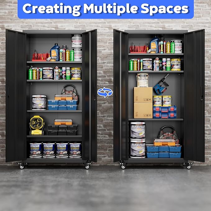 Garage Storage Cabinet with Wheels, Metal Storage Cabinet with 4 Adjustable Shelves and Lockable Doors for Garage Home Utility Room,Required Assembly,Black,73" H×31.57" W×15.71" D