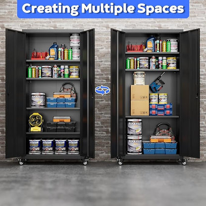Garage Storage Cabinet with Wheels, Metal Storage Cabinet with 4 Adjustable Shelves and Lockable Doors for Garage Home Utility Room,Required Assembly,Black,73" H×31.57" W×15.71" D