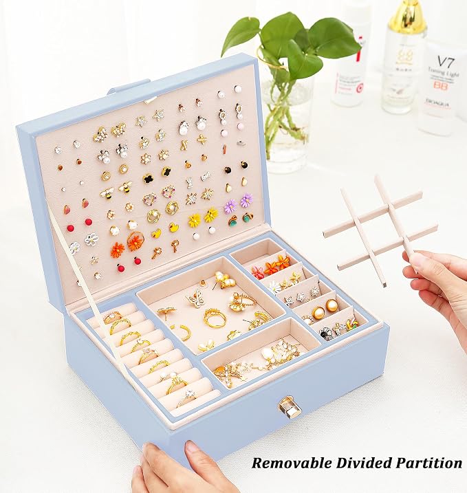 QBestry Girls Jewelry Box Earring Holder Organizer for Girls Jewelry Organizer Box Stud Earrings Organizer for Girls Womens Blue Jewelry Box for Earrings and Necklaces Rings Stud Earrings Box for Teen