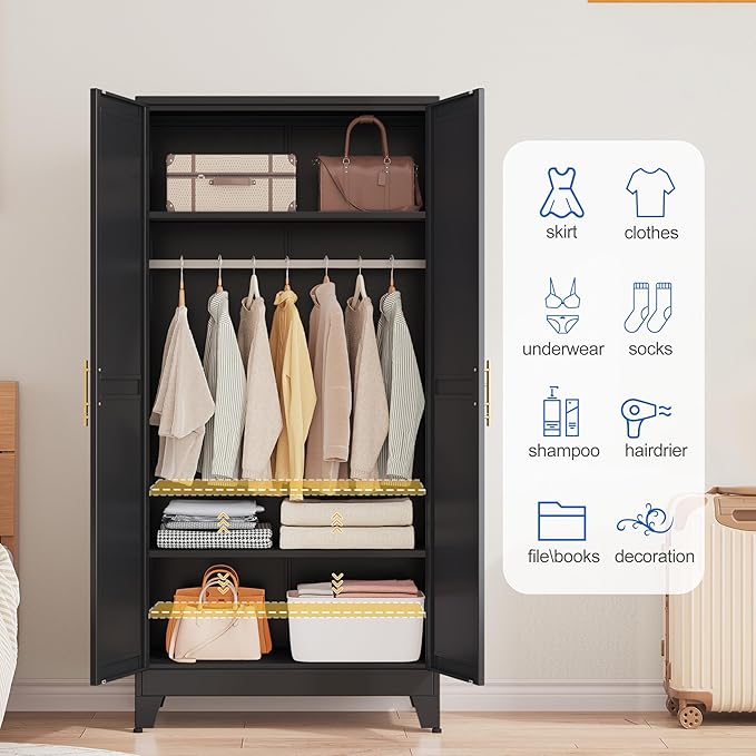 Metal Wardrobe Cabinet with Mirror and Hanging Rod, 71" Metal Clothing Storage Cabinets with 2 Doors and Adjustable Shelves, Black Armoire Wardrobe Closet for Bedroom, Laundry Room, Cloak Room