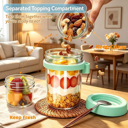 4 Pack Overnight Oats Containers with Lids and Spoons,16+4oz | Reusable Chia Pudding Jars with Dry and Wet Separation,Leak-Proof for Yogurt,Parfait Meal Prep, Dishwasher Safe
