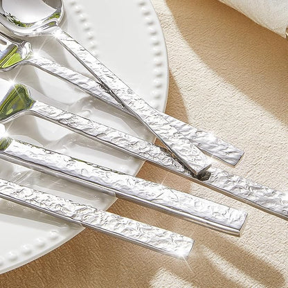 KINGSTONE 20 Pcs Hammered Silverware Set for 4, 18/10 Stainless Steel Heavy Duty Flatware Set, Tableware Cutlery Utensil Sets for Home Restaurant Dishwasher Safe