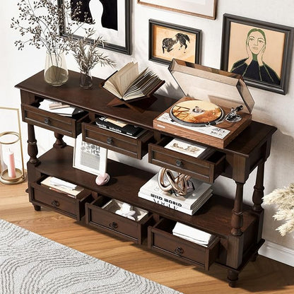 KEIKI 54”L Pine Solid Wood Entryway Console Table with 6 Storage Drawers, Vintage Behind Couch Sofa Table with 2 Tiers Open Shelf for Hallway, Entrance, Entry Way, Living Room, Foyer
