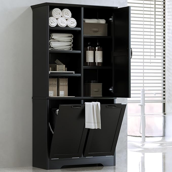 Merax Cabinet with Tilt-Out Laundry Hamper Basket, Tall Bathroom Storage Organizer Linen with Open Shelf for Home, Freestanding, Black