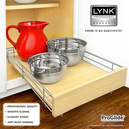 LYNK PROFESSIONAL® SELECT™ Slide Out Cabinet Organizer Pull Out Drawer, 14" x 21" Pull Out Cabinet Organizer – Pull Out Shelves for Kitchen Cabinets – Roll Out - Lifetime Ltd. Warranty, Wood Chrome