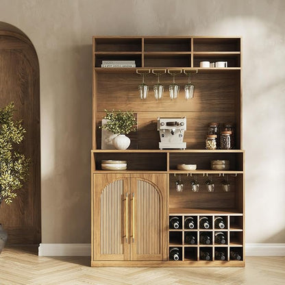 BELLEZE Jagger Bar Cabinet with Wine Rack & 8 Stemware Glass Holders, 72" Tall Liquor Coffee Bar Storage Cabinet with Adjustable Shelves, Fluted Doors & Golden Metal Handles, Camel