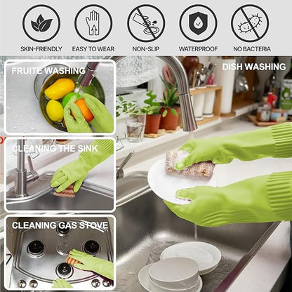 DABOGOSA Reusable Waterproof Household Dishwashing Cleaning Rubber Gloves, Non-Slip Kitchen Glove (Green, Large (Pack of 3))