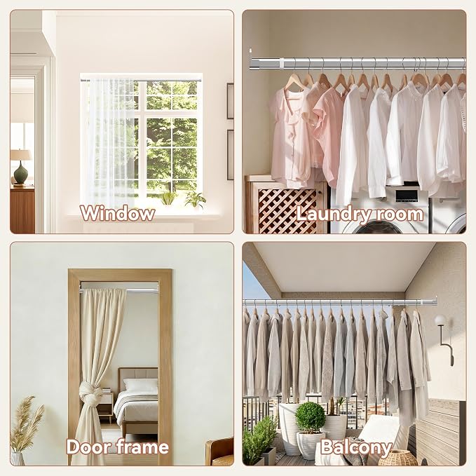 Oval Closet Rod 18-100 Inch Adjustable Closet Rods for Hanging Clothes Heavy Duty Silver Poles Bar with End Supports Rust Proof Wardrobe Rod for Laundry Room RV