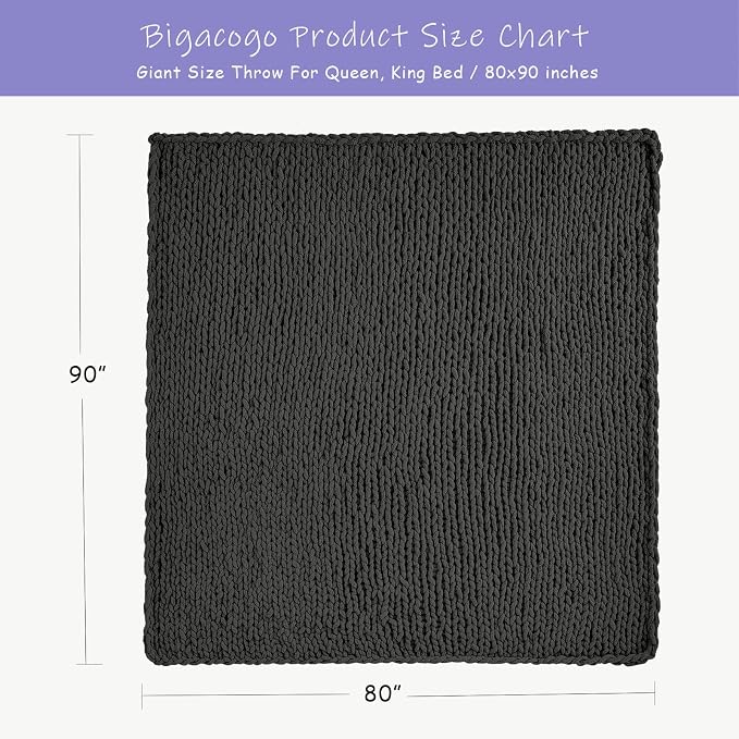 Bigacogo Chunky Knit Throw Blanket for Couch, 80x90 inches, 100% Hand Knitted with Thick Jumbo Chenille Yarn, Cozy Soft Large Rope Knot Cable Crochet Blankets for Sofa Bed Living Room, Dark Grey