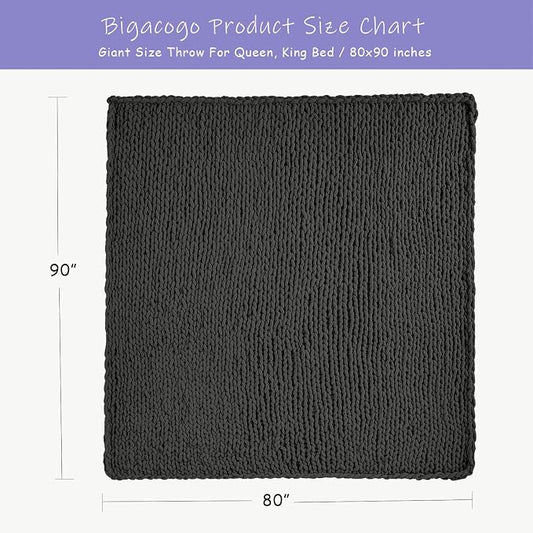 Bigacogo Chunky Knit Throw Blanket for Couch, 80x90 inches, 100% Hand Knitted with Thick Jumbo Chenille Yarn, Cozy Soft Large Rope Knot Cable Crochet Blankets for Sofa Bed Living Room, Dark Grey