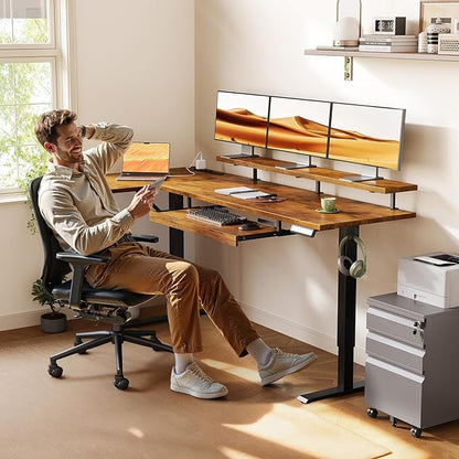 OffiGo 63 Inch Electric L Shaped Standing Desk with Keyboard Tray, Reversible Height Adjustable Corner Computer Desk with Monitor Stand, Sit Stand Up Lift Table for Home, Office, Rustic Brown