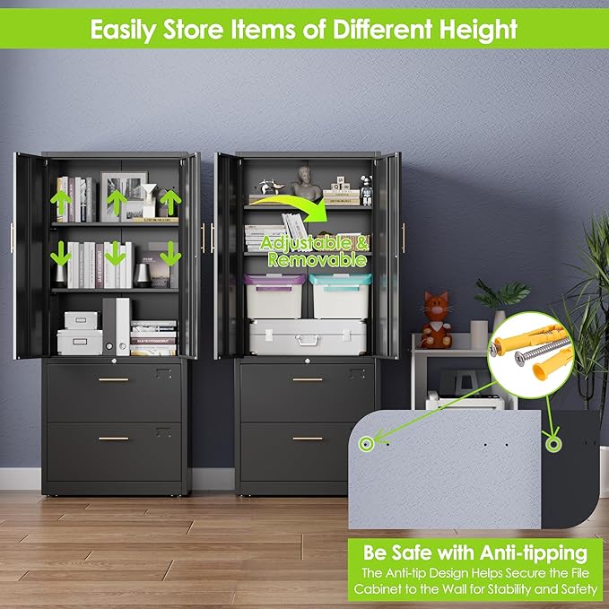 2 Drawer File Cabinet with Lock,Metal Filing Cabinet with Doors for Home Office School for Hanging Letter/Legal/F4/A4 Size Folders,Required Assembly,Black