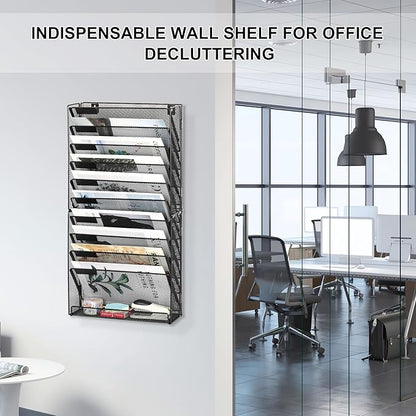 EasyPAG Wall File Holder 10 Tier Mesh Hanging Folder Organizer with Flat Tray Wall Mounted Mail Organizer Magazine Paper Desk Shelf with Nametag Label for Office Home School, Black