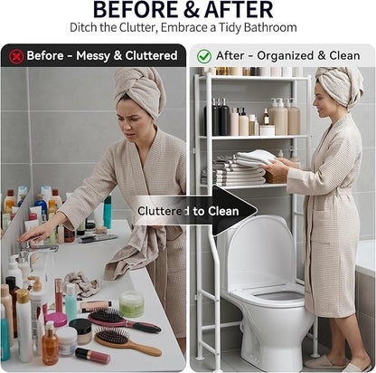 3-Tier Over The Toilet Storage, Freestanding Metal Bathroom Shelves, Space Saver Above The Over Toilet Storage Shelf for Bathroom (White)